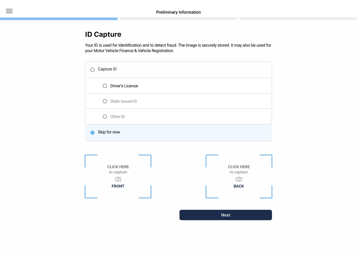Étape de capture d’identité Eunifi avec permis de conduire, carte d’identité d’État et autres options